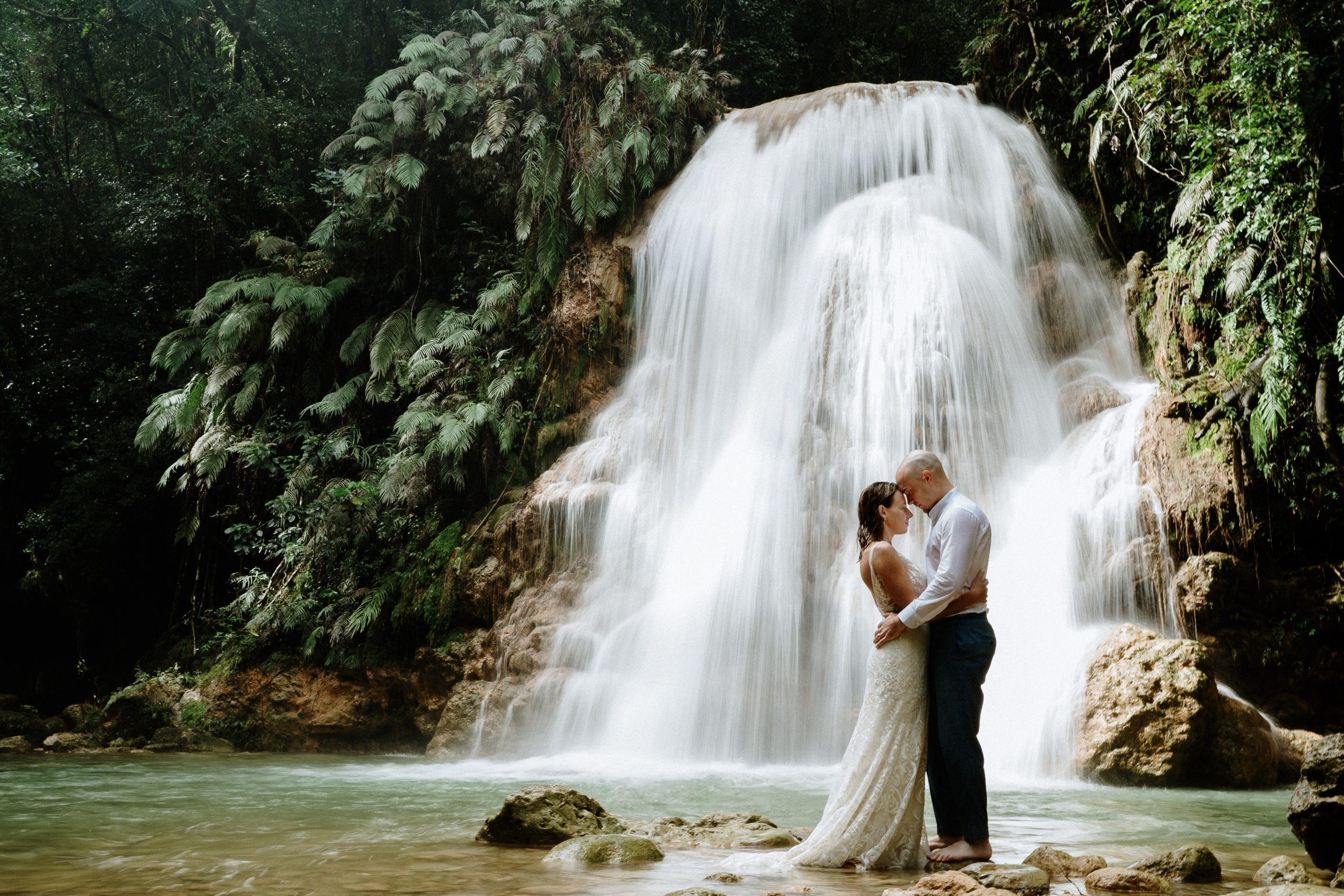 Bride and groom at Las Terrenas Waterfall