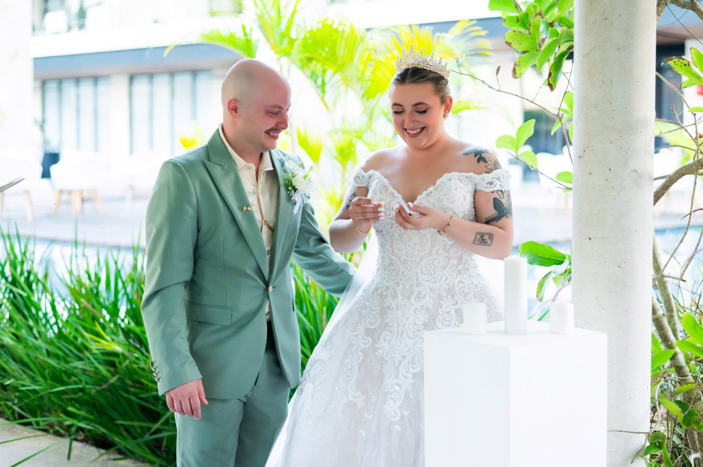 Emily and Chris sharing wedding vows at Live Aqua Punta Cana