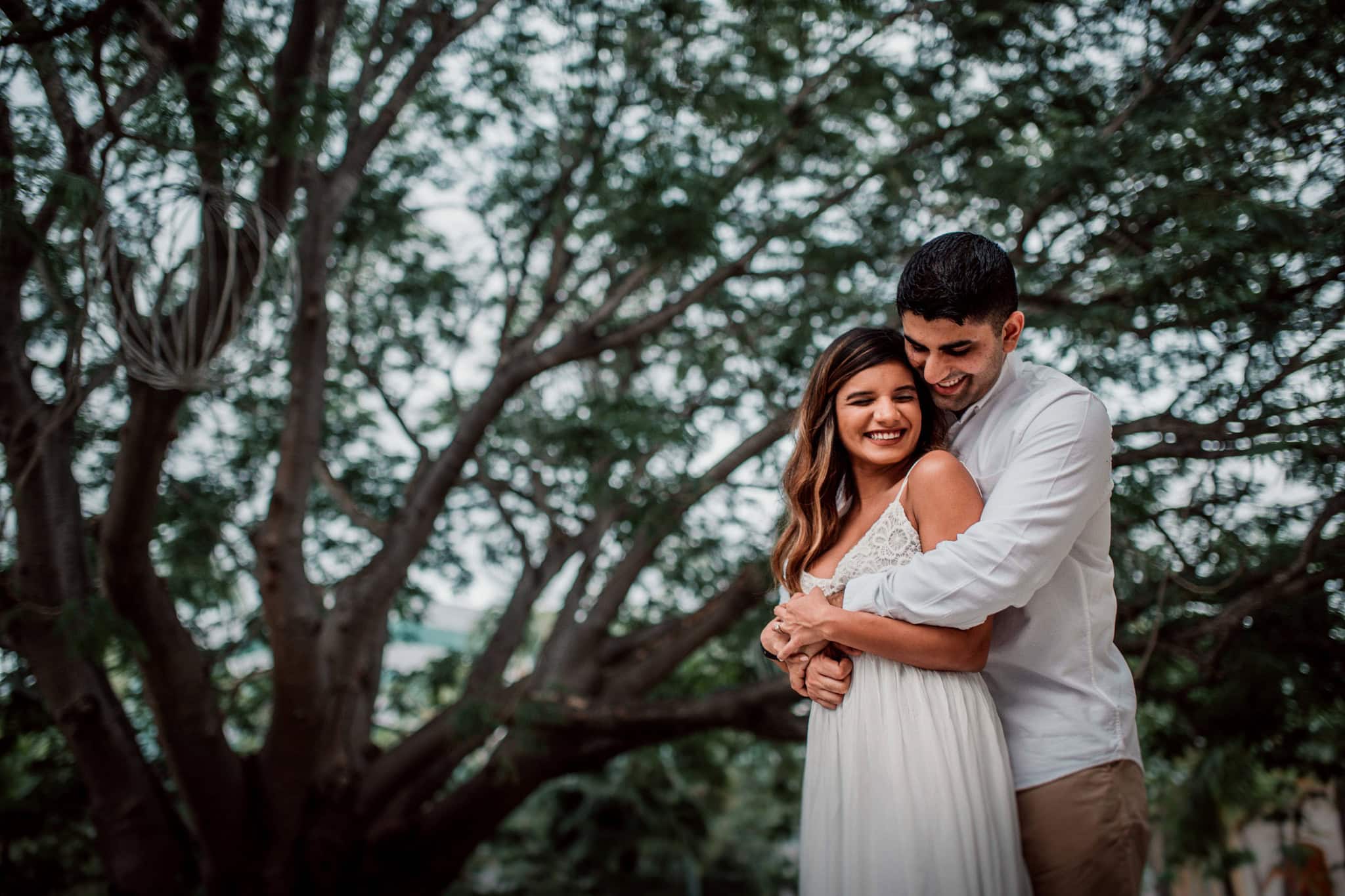 Couple embracing under a large tree during an engagement session in Punta Cana