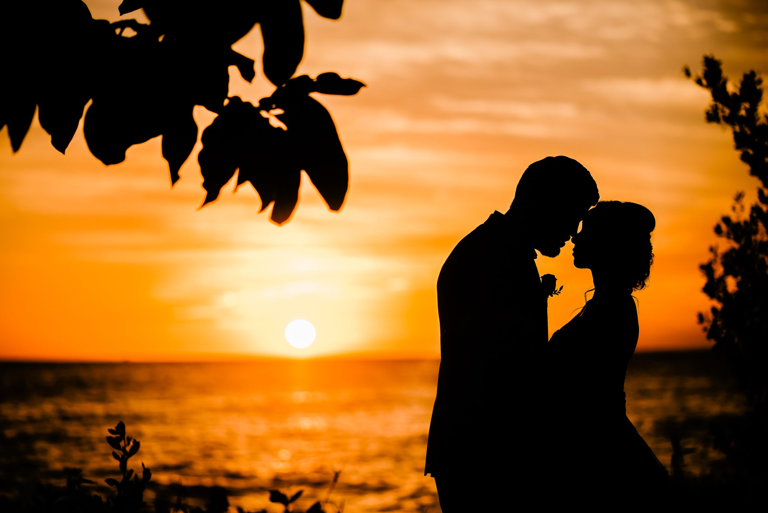 Bride and groom touching foreheads in silhouette against an orange sunset over the sea in Bayahibe